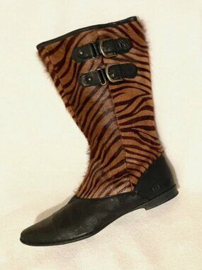 Børn Black Leather Boots Brown Zebra Print Calf Hair Buckle Zip Size 9 / 40.5